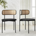 Rattan Dining Chairs Set of 2, Kitchen Chairs with Curved Cane Backrest &Metal Legs, Modern Dining Room Chair, Round Upholstered Sherpa Chair for Living Room, Black