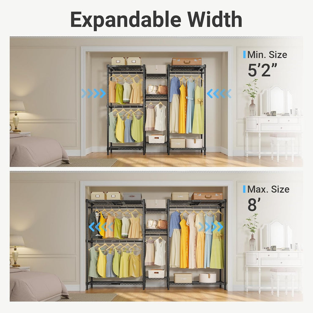 VIPEK Classic V6X Dynamic Closet System, Expandable Freestanding Clothes Rack with Shelves & Hanging Rods, Adjustable Width 62"-96", Modular Metal Clothing Rack Organizer for Reach-in Closet