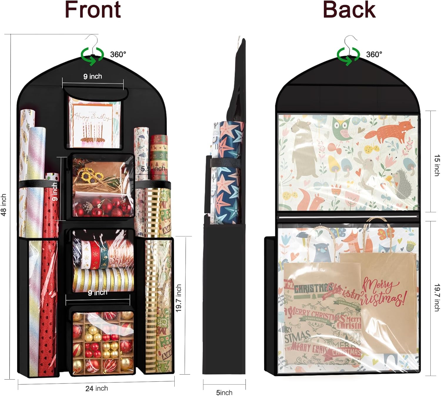 Woodoulogy Hanging Gift Wrapping Paper Storage, 48x24 (Extra Large) Black Double-Sided Christmas Wrapper Bag Container, Oxford Long Craft Roll Organizer, Present Wrap Holder for Closet, Door