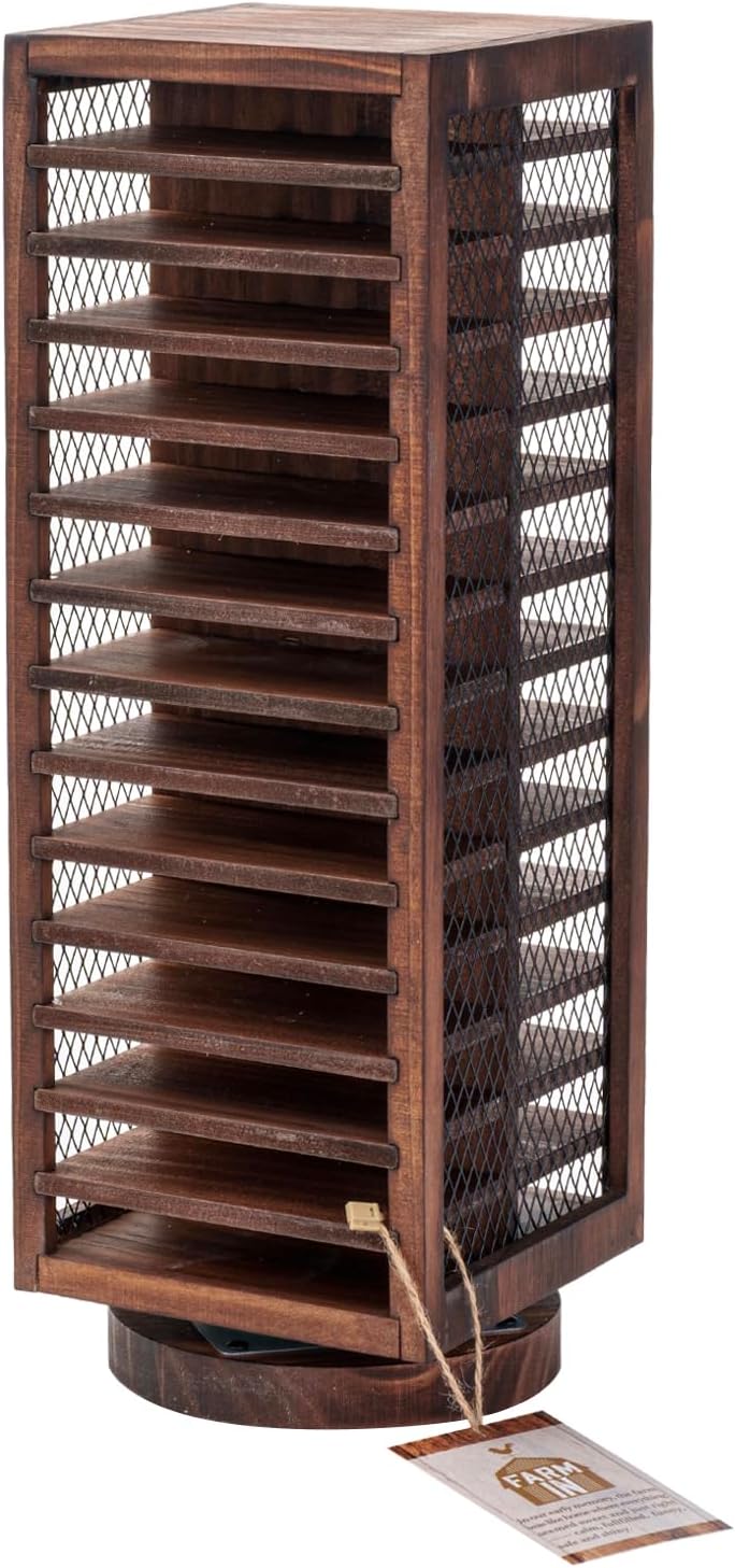 FARM IN Cassette Tape Storage, 360-Degree Rotatable Design Farmhouse Style Cassette Rack Tower, Double-Sided 28-Slot, Rustic Solid Burnt Wood & Diamond Metal Wire Mesh
