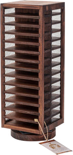 FARM IN Cassette Tape Storage, 360-Degree Rotatable Design Farmhouse Style Cassette Rack Tower, Double-Sided 28-Slot, Rustic Solid Burnt Wood & Diamond Metal Wire Mesh