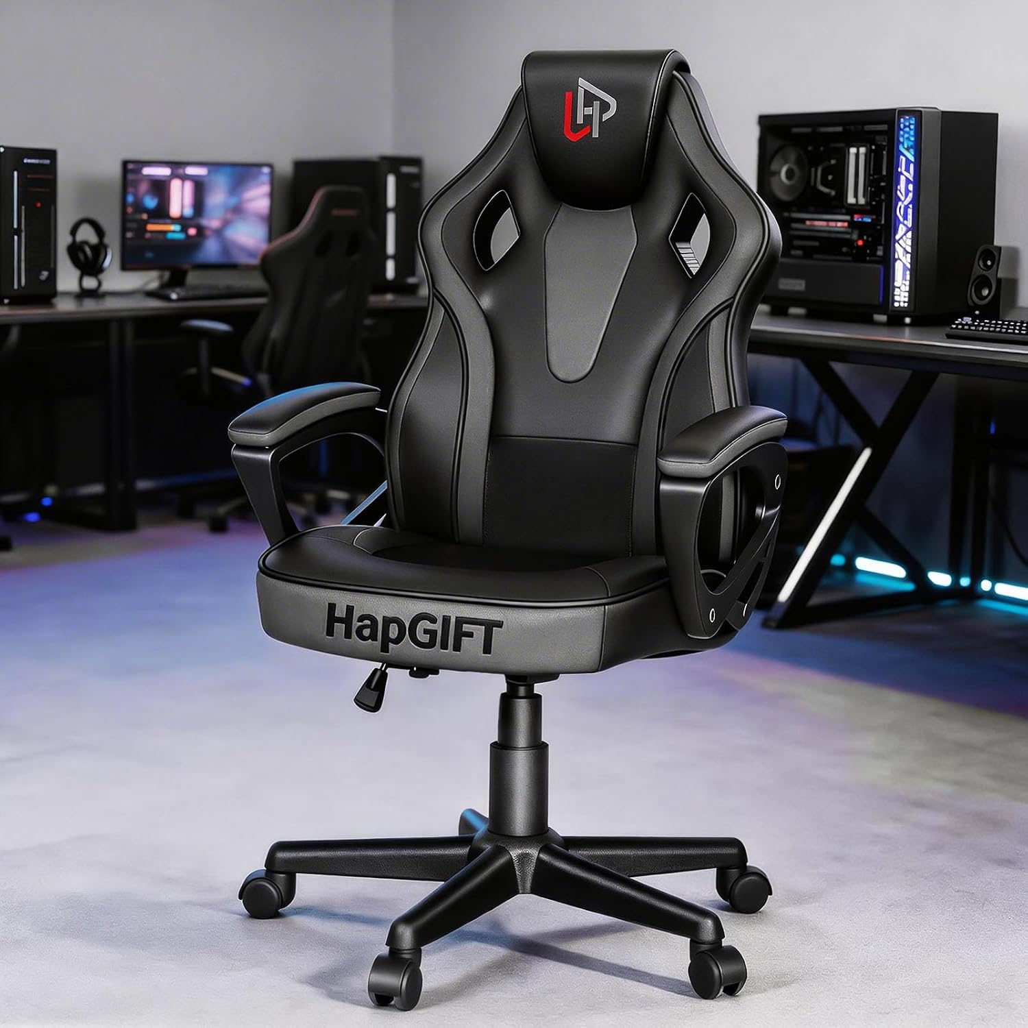 HapGIFT Office Chair, Home Office Chair with Link Armrest, Height Adjustable Computer Chair, Ergonomic PC Work Chair for Adults Teens, PU Leather Gaming Chairs, Gift, 300LBS (BLACK GREY)