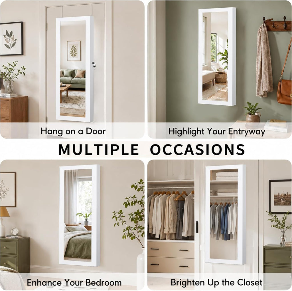 Over the Door Jewelry Organizer, Wall Mounted Jewelry Cabinet, Hanging Mirror with Storage Box, Wall/Door Mounted Full Length Mirror with LED