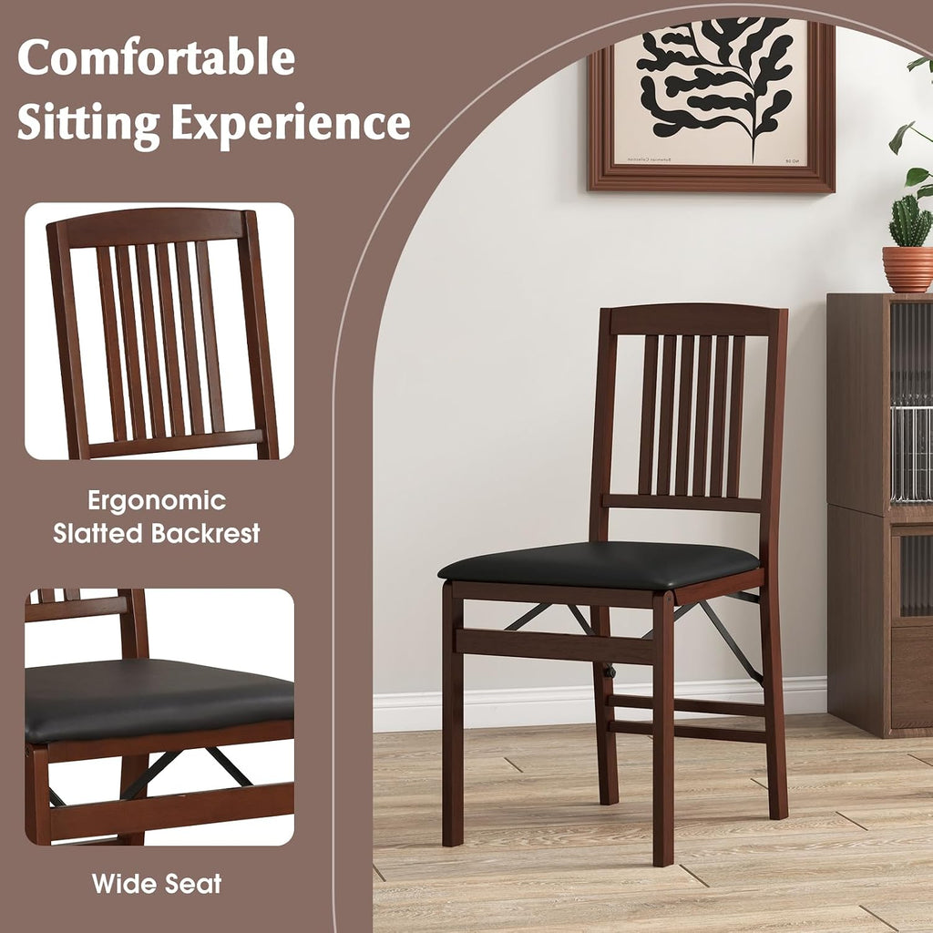 COSTWAY Folding Dining Chairs Set of 2, Wooden Kitchen Side Chairs w/Padded Seat, Solid Wood Frame, 400 LBS Load Bearing, No Assembly Needed, Vintage Foldable Chairs for Dining Room, Living Room