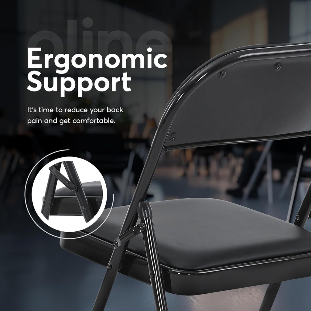 Oline Vinyl Folding Chairs, Padded Vinyl Cushion Chairs with Durable Metal Frame, Indoor Outdoor Stackable Foldable Guest Chairs for Office Wedding Kitchen Dining, 300lb Capacity (Black, 4 Pack)