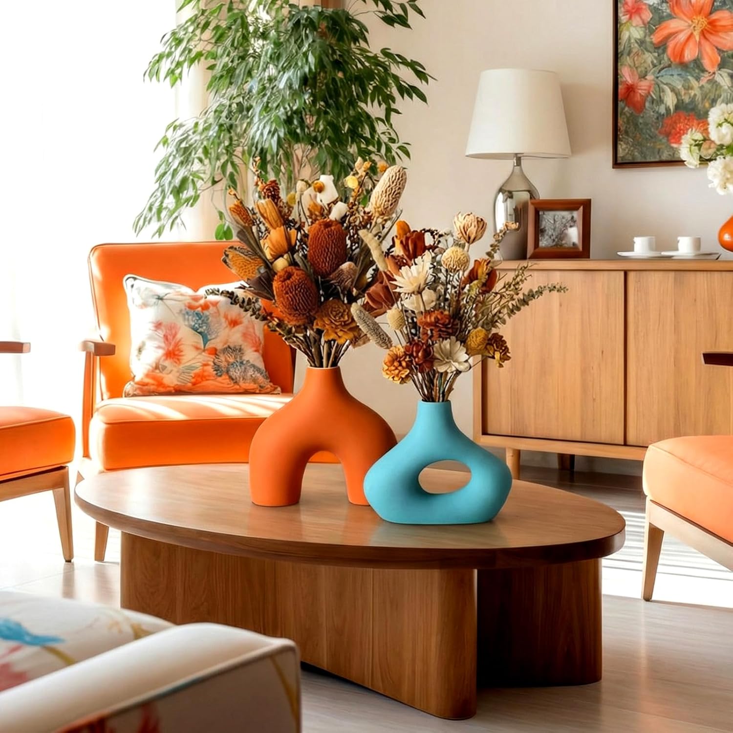 Patelai Set of 2 Mid Century Modern Decor Ceramic Donut Vases, Nordic Boho Round Matte Finish Decor for Home Dining Room Living Room Office Bedroom Shelf(Orange Blue)