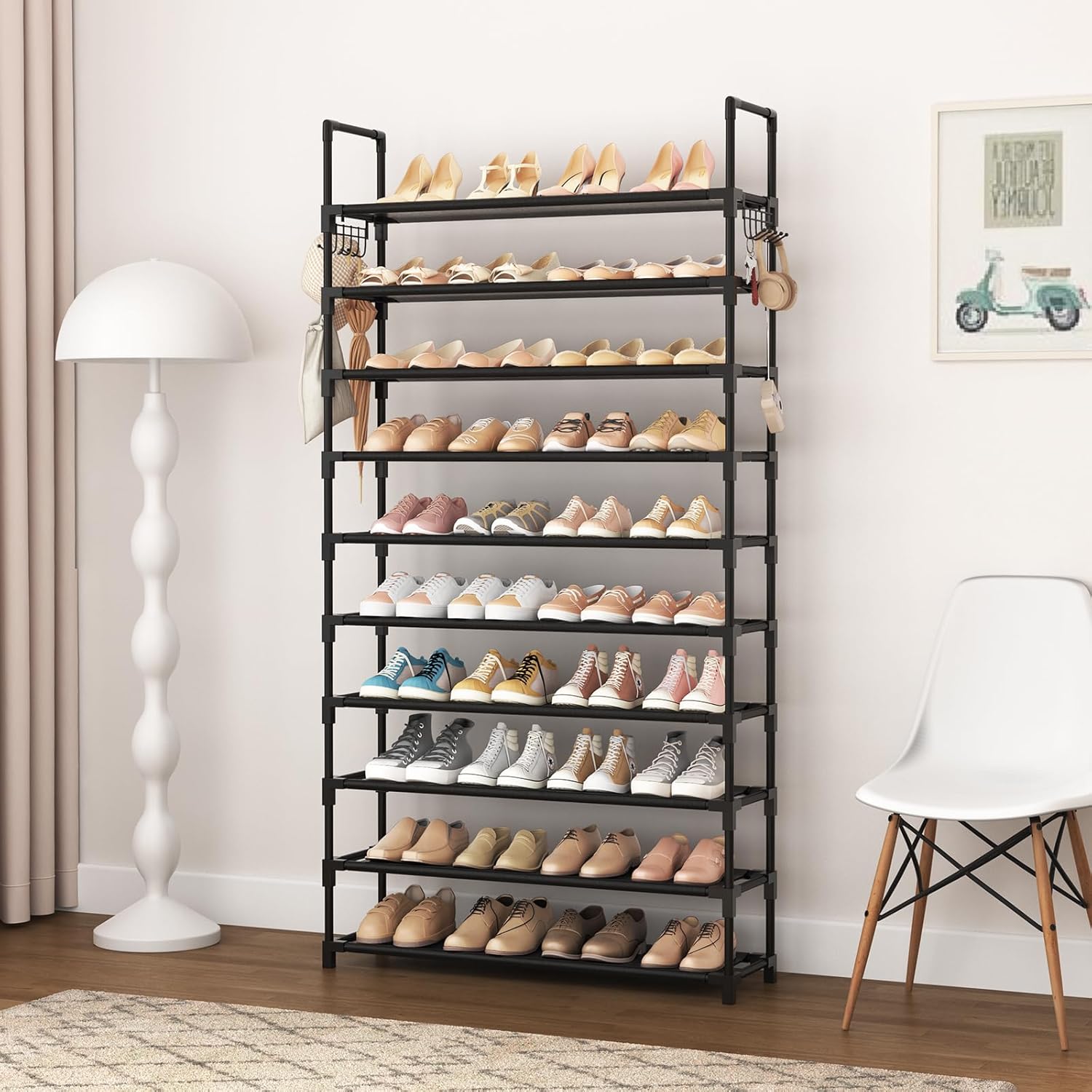 VTRIN 10 Tier Shoe Rack Tall Large Capacity Wide Shoe Organizer with Two Hooks Sturdy Metal Shoe Shelf for Entryway, Closet, Bedroom