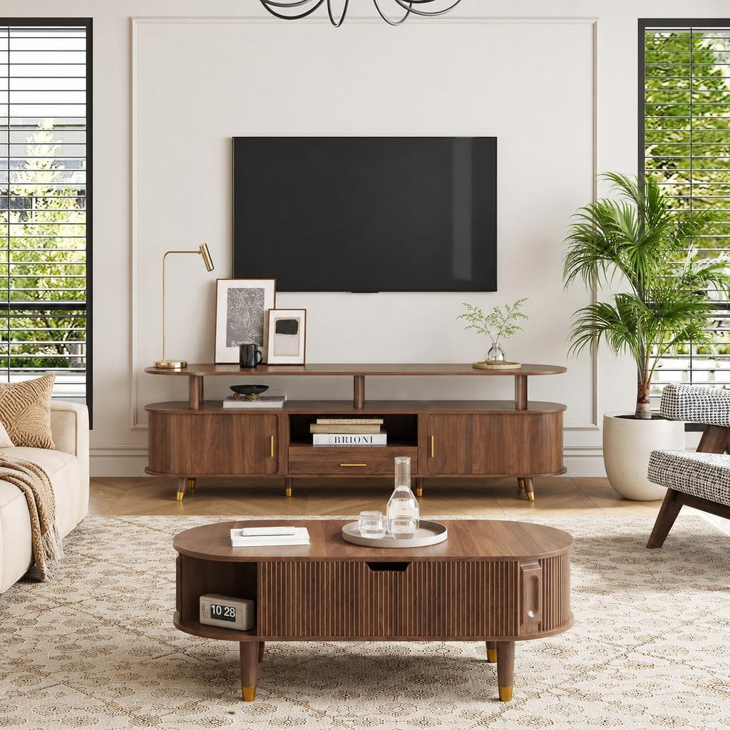 LED TV Stand and Coffee Table Set of 2, Lift Top Coffee Table with Storage, TV Console Table with Power Outlet Living Room Table Sets for Living Room, Bedroom, Home Office, Walnut