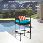 Sundale Outdoor Wicker Bar Stool Set of 2, Patio Counter Height Pub Chair with Arms, High Top Rattan Barstool, Cushion Beige, All-Weather Outdoor Rattan Furniture (Gray&Blue, Small Seat - 2 Stools)