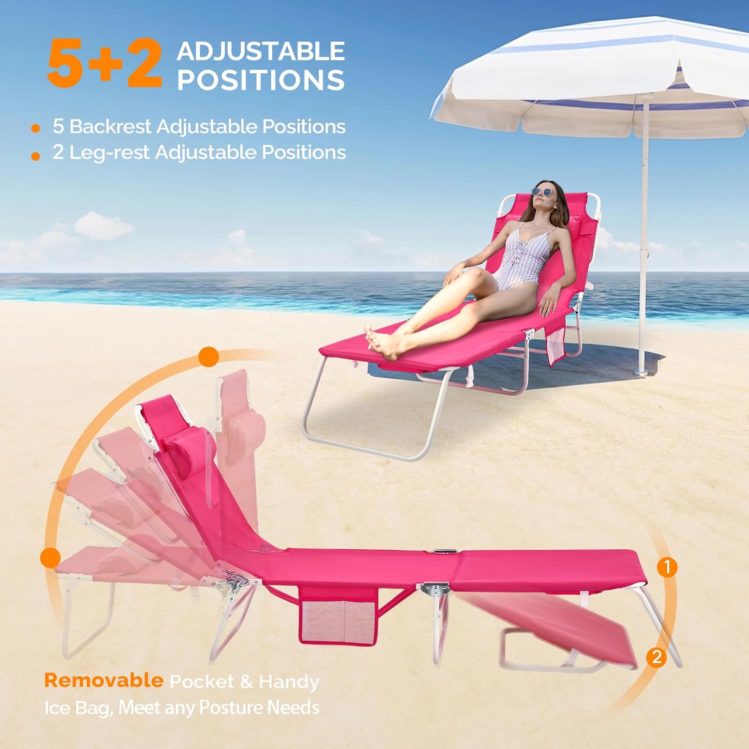 VINGLI Tanning Chair, Beach Lounge Chair with Face Hole, Lounge Chair Outdoor, Height-Adjustable Tanning Lounger, Anti-Tip Design, Carrying Bag, 475lbs, Pink