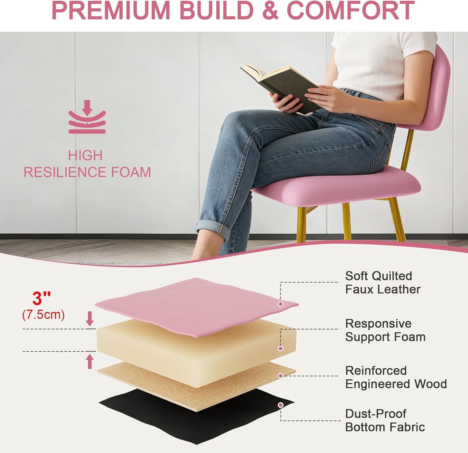 VECELO Dining Chairs Set of 4, Upholstered Kitchen Chairs with Extra Thick Cushion & Sturdy Metal Frame, Faux Leather Chairs for Vanity, Kitchen, Living Room, Pink