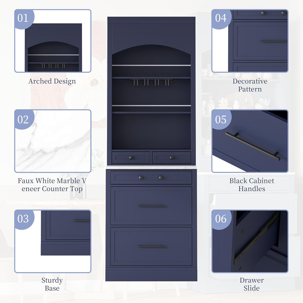 LUMISOL 83.7" Freestanding Tall Kitchen Pantry with 5 Drawers and Glass Holders, Modern Kitchens Storage Cabinet with Adjustable Shelf and Faux Marble Top, Wooden Kitchen Hutch, Blue