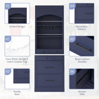 SOFTSEA Kitchen Pantry Storage Cabinet with Faux Marble Top, Buffet Kitchen Hutch with 5 Storage Drawers, Adjustable Shelf and Glass Holders, Blue