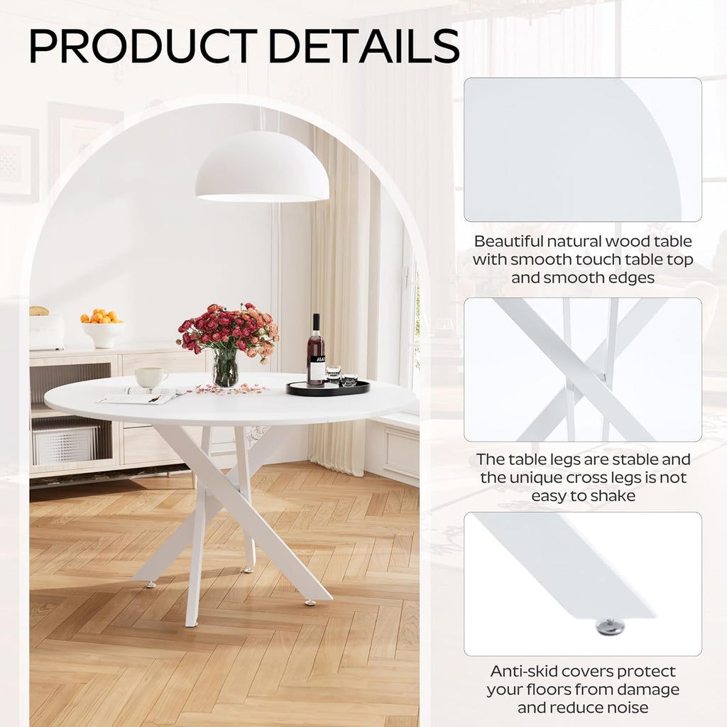 RGZ 47" White Round Kitchen Table for 4-6, Modern Save Space Wooden Circle Dining Table with Intersecting Metal Pedestal, Coffee Table for Break Room, Dining Room, Living Room