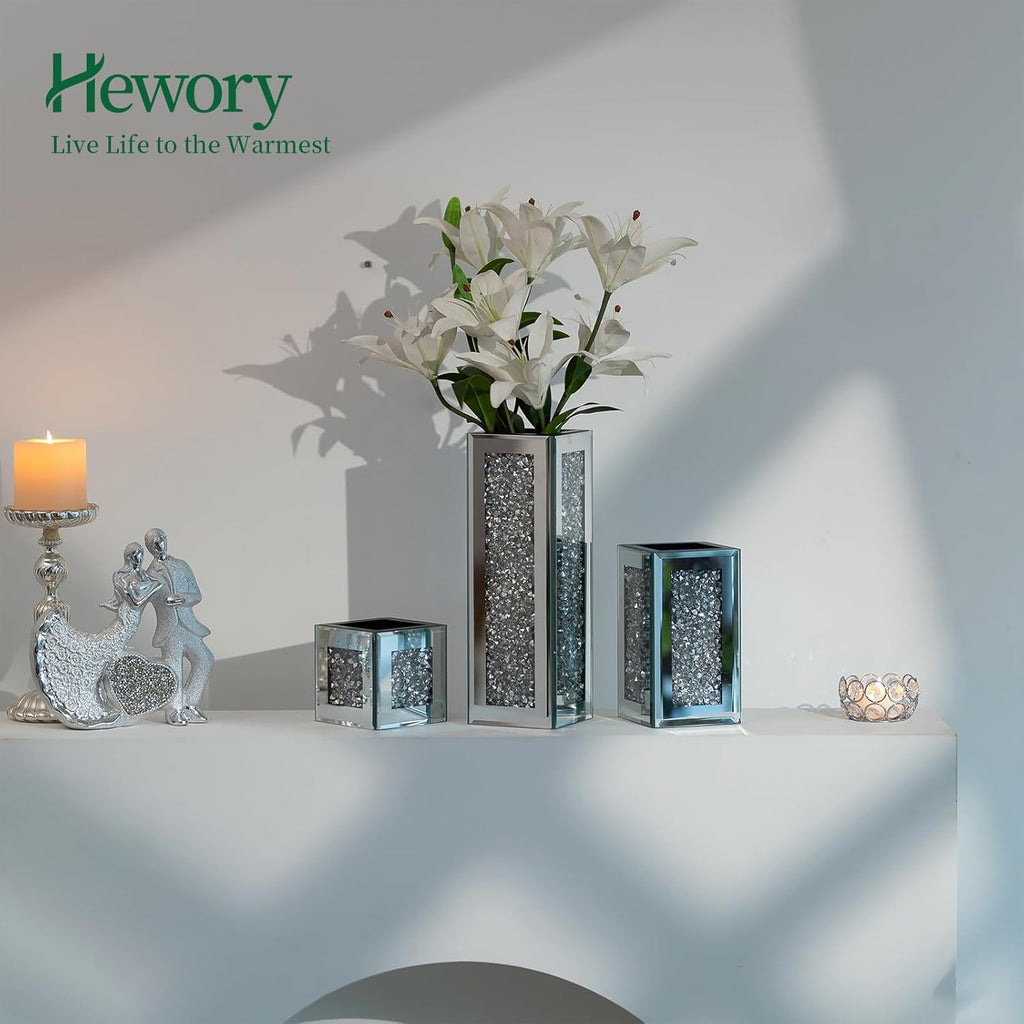 Silver Rectangle Glass Vases for Decor: Hewory Tall Crushed Diamond Mirror Vase for Centerpieces - Large Decorative Mirrored Containers for Dried Flowers, Bling Big Crystal Vases for Home Decoration