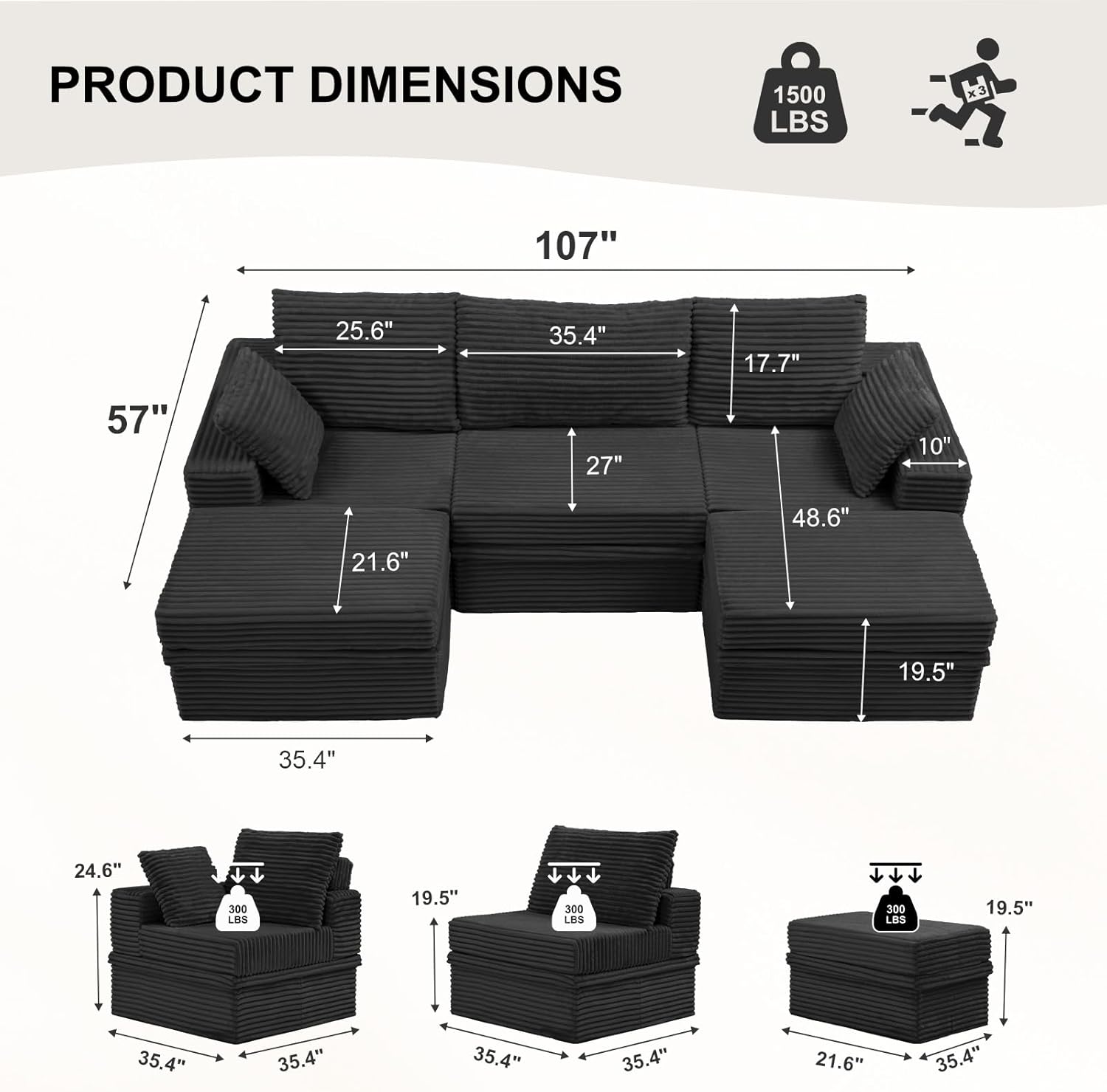 107'' Modular Sectional Sofa, Deep Seat Boneless Couch with Storage | Oversized High-Back for Living Room & RV | With Ottoman | High Density Foam & Corduroy | Tool-Free Assembly | Cozy Dark Gray