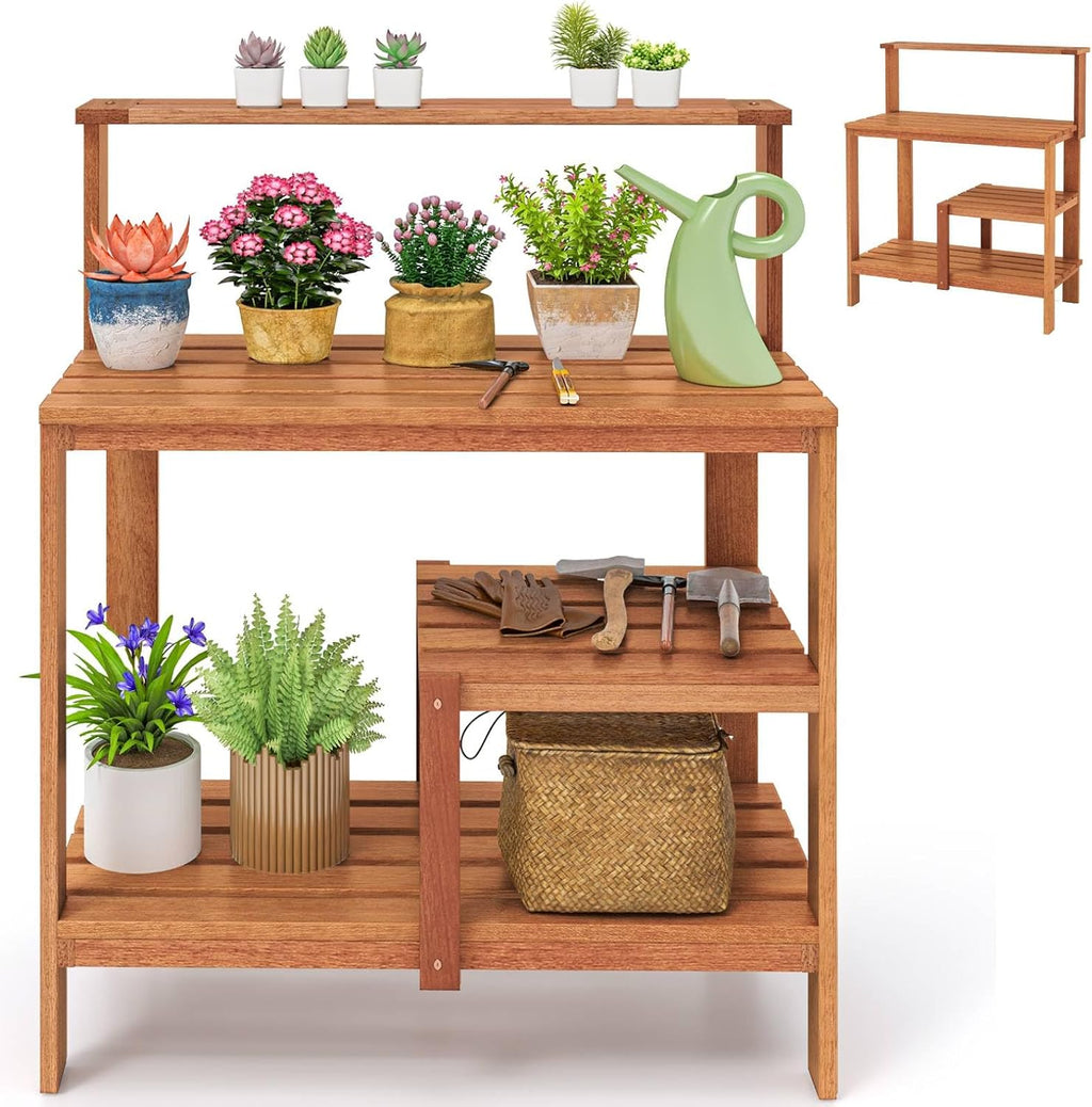 TANGZON Garden Potting Table, Solid Wood Potting Table with Trellis, Open Shelves, Teak Oil Finish, Gardening Workstation & Planting Work Table for Outdoor Patio Backyard Balcony