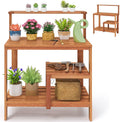 TANGZON Garden Potting Table, Solid Wood Potting Table with Trellis, Open Shelves, Teak Oil Finish, Gardening Workstation & Planting Work Table for Outdoor Patio Backyard Balcony