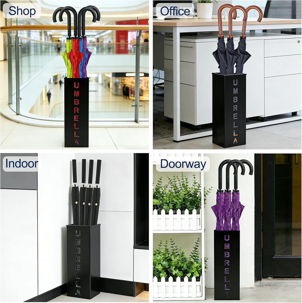 Square Metal Umbrella Canes Holder, Free Standing Umbrella Rack Stand Storage Bucket, Walking Sticks Organizer Bin for Indoor Entryway, Home, Office and Hotel, 16.3" x 6.3" x 6.3", Black