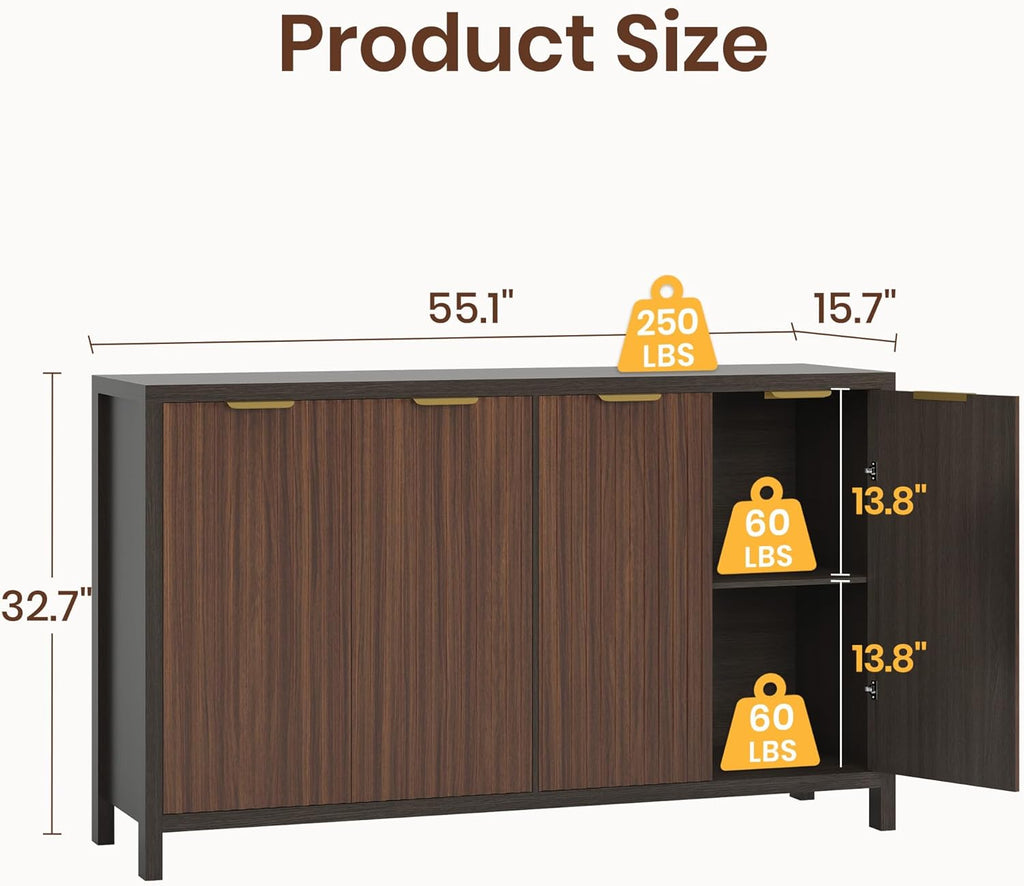 Fluted Buffet Cabinet with Storage, 55" Sideboard Cabinet with 4 Doors, Modern Credenza Accent Console Cabinet Coffee Bar Table for Living Room Dining Room Hallway, Dark Walnut