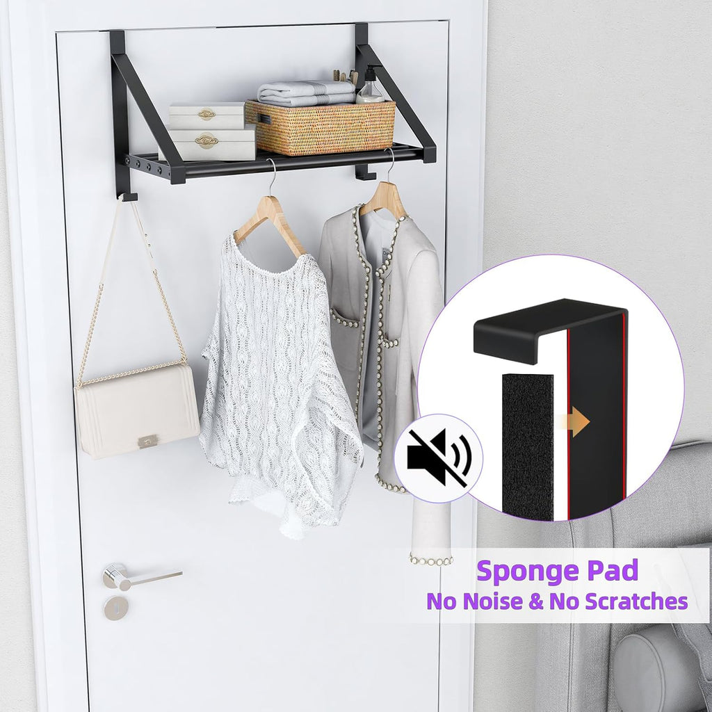 Over The Door Clothes Hanger with 2 Hooks, Stainless Steel Over The Door Hangers for Clothes with Storage Rack, Clothing Hanger Drying Racks for Laundry, Washroom, Fits Door Up to 1.77", Matte Black