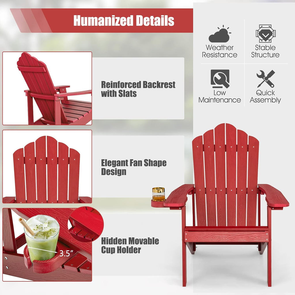 Giantex Outdoor Adirondack Chair - Oversized Patio Chairs w/Hidden Cup Holder, Realistic Wood Grain, 380 LBS Weight Capacity, Weather Resistant Firepit Chairs for Backyard, Garden (1, Red)