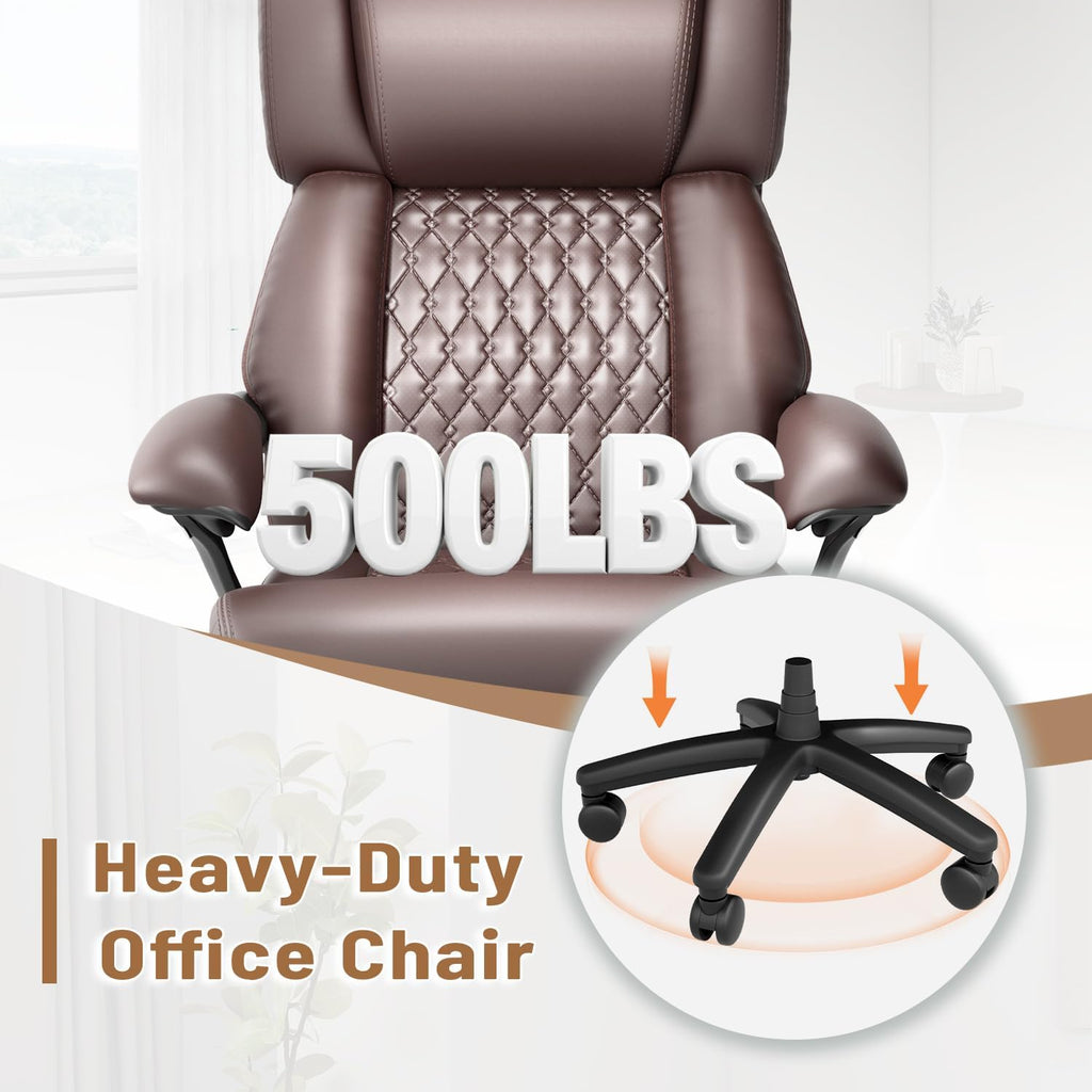 HOMREST 500lbs Big and Tall Office Chair, Ergonomic Heavy Duty Chair with Adjustable Lumbar Support & Backrest, Executive Leather Office Chair with Wide Armrests and Wheels (Brown)