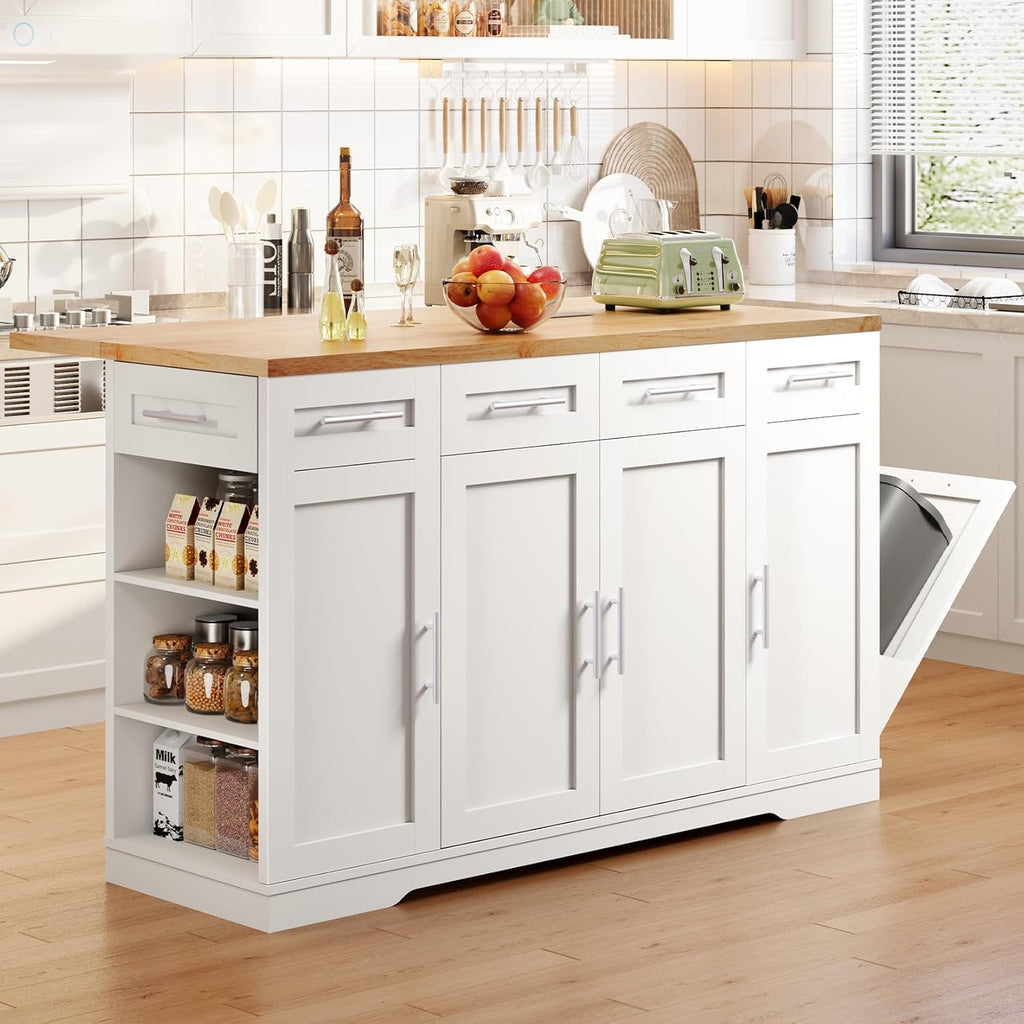 Dripex 53'' Rolling Kitchen Island with Power Outlet, Drop Leaf & Trash Can Storage, Large Island Cart on Wheels with Rubberwood Top, 4 Drawers, Open Shelves, for Kitchen, Dining Room (White)