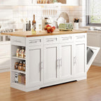 Dripex 53'' Rolling Kitchen Island with Power Outlet, Drop Leaf & Trash Can Storage, Large Island Cart on Wheels with Rubberwood Top, 4 Drawers, Open Shelves, for Kitchen, Dining Room (White)