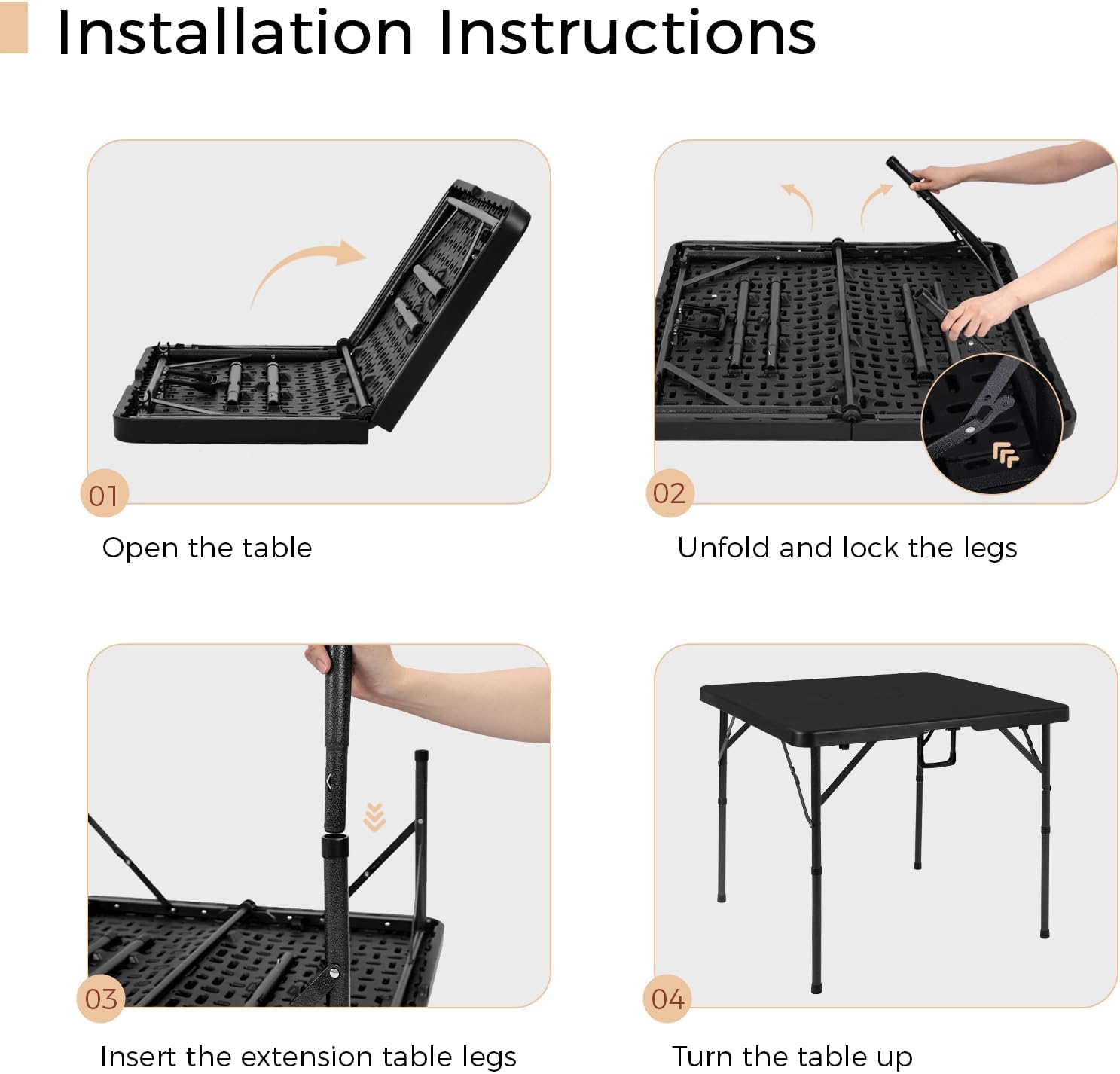 pollilar 34" Folding Card Table Square Foldable Table Plastic Portable with Detachable Legs, Dual Height Adjustable, Heavy-Duty Indoor Outdoor Dining, Game, Picnic, Mahjong Tables-Black