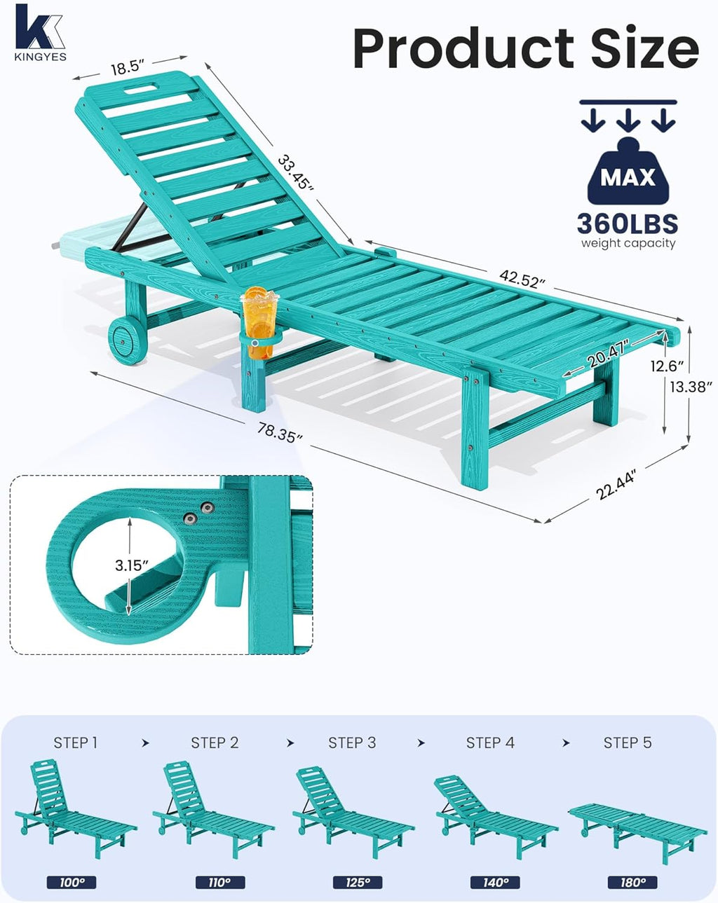 KINGYES Outdoor Armless Chaise Lounge Set of 2, HDPE Pool Lounge Chairs with Cup Holder & Wheels, Patio Lounger Chairs for Poolside, Aruba