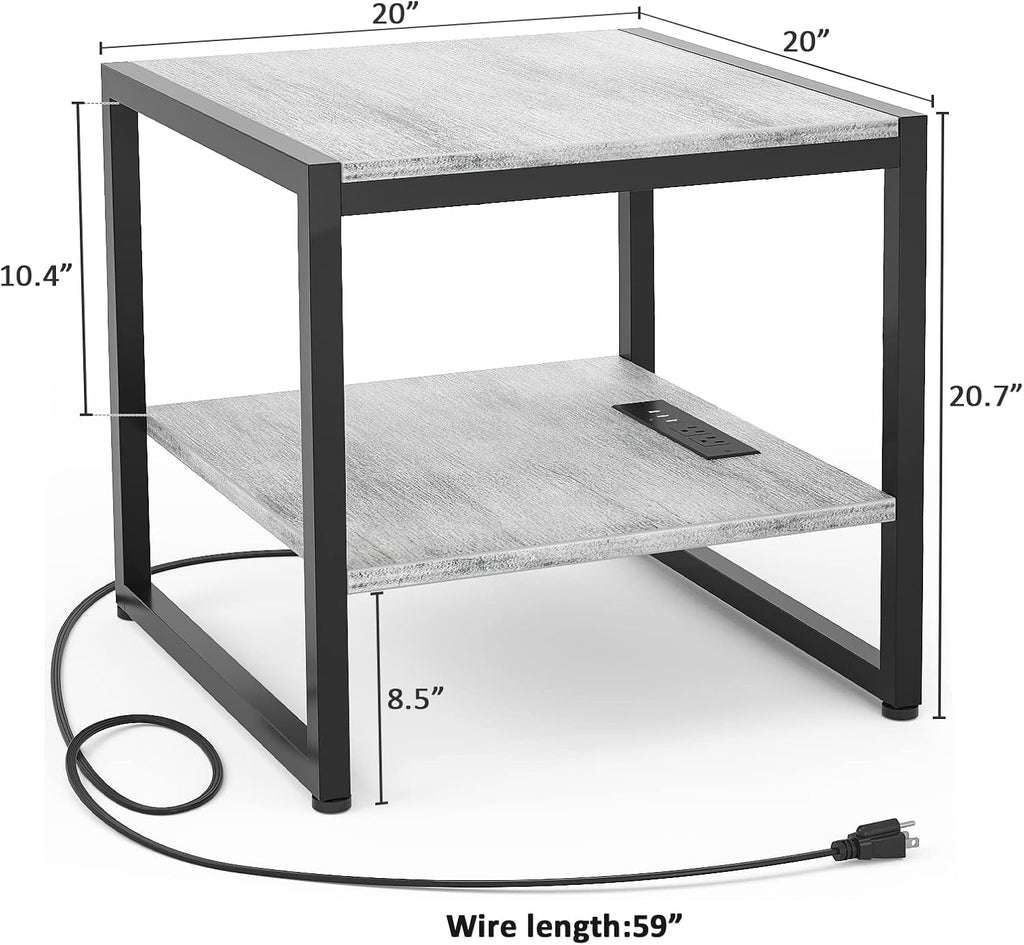 Homieasy End Table with Charging Station, 20" Mini Fridge Stand with Power Outlets, Heavy Duty Side Table for Living Room, Small Table Stand & Fridge Table, Light Oak, 2 Pack
