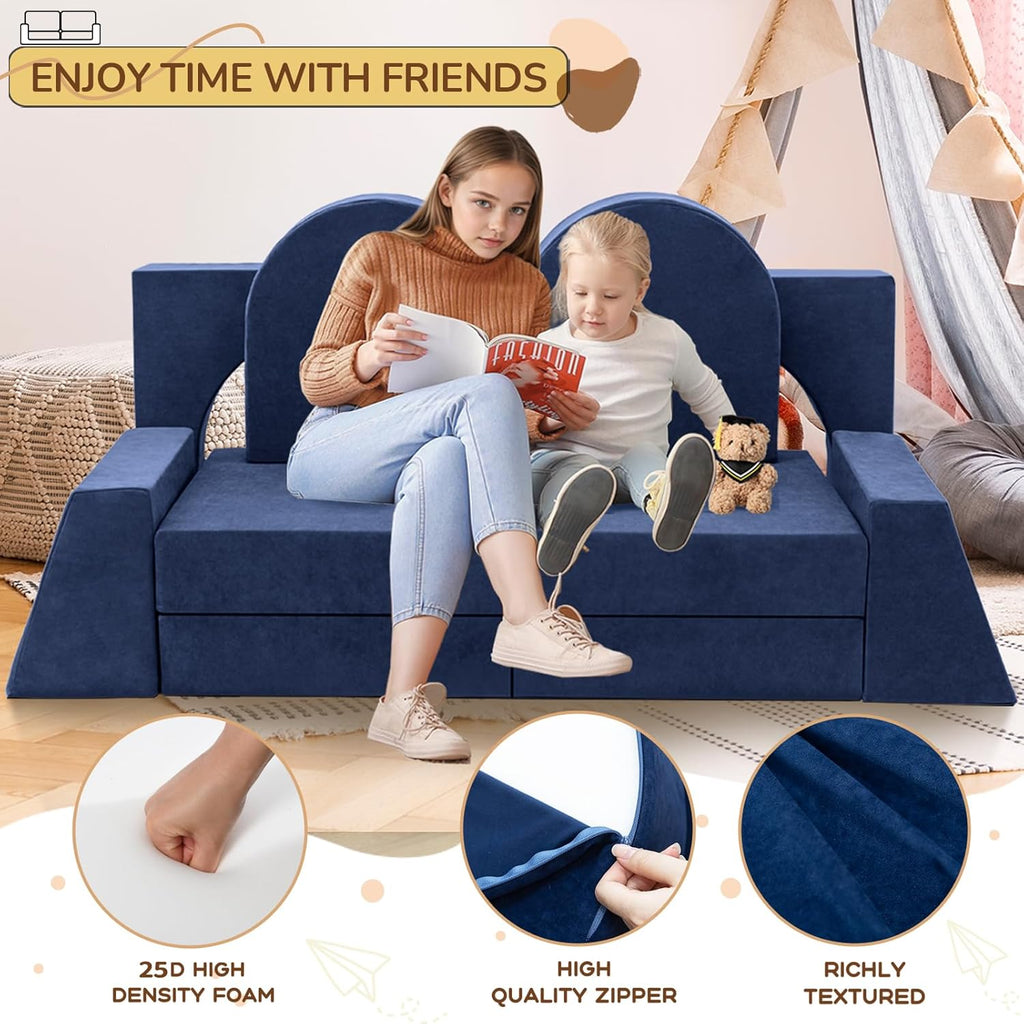 Fvkind 10 Pcs Modular Kids Play Couch, Foam Kids Play Couch for Playroom & Bedroom, Multifunctional Children Sofa Building Fort for Boys and Girls with Soft Foam and Removable Cover, Blue