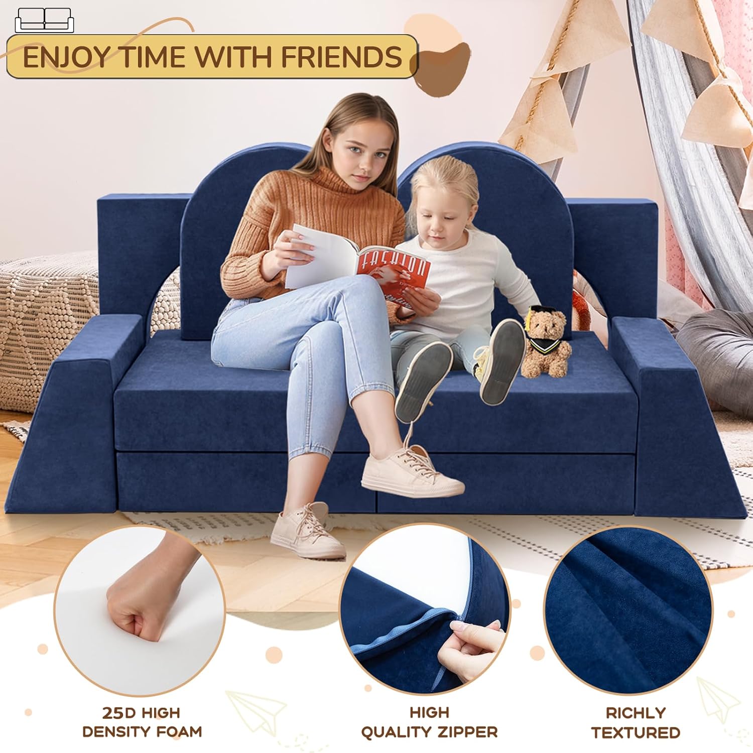 Fvkind 10 Pcs Modular Kids Play Couch, Foam Kids Play Couch for Playroom & Bedroom, Multifunctional Children Sofa Building Fort for Boys and Girls with Soft Foam and Removable Cover, Blue