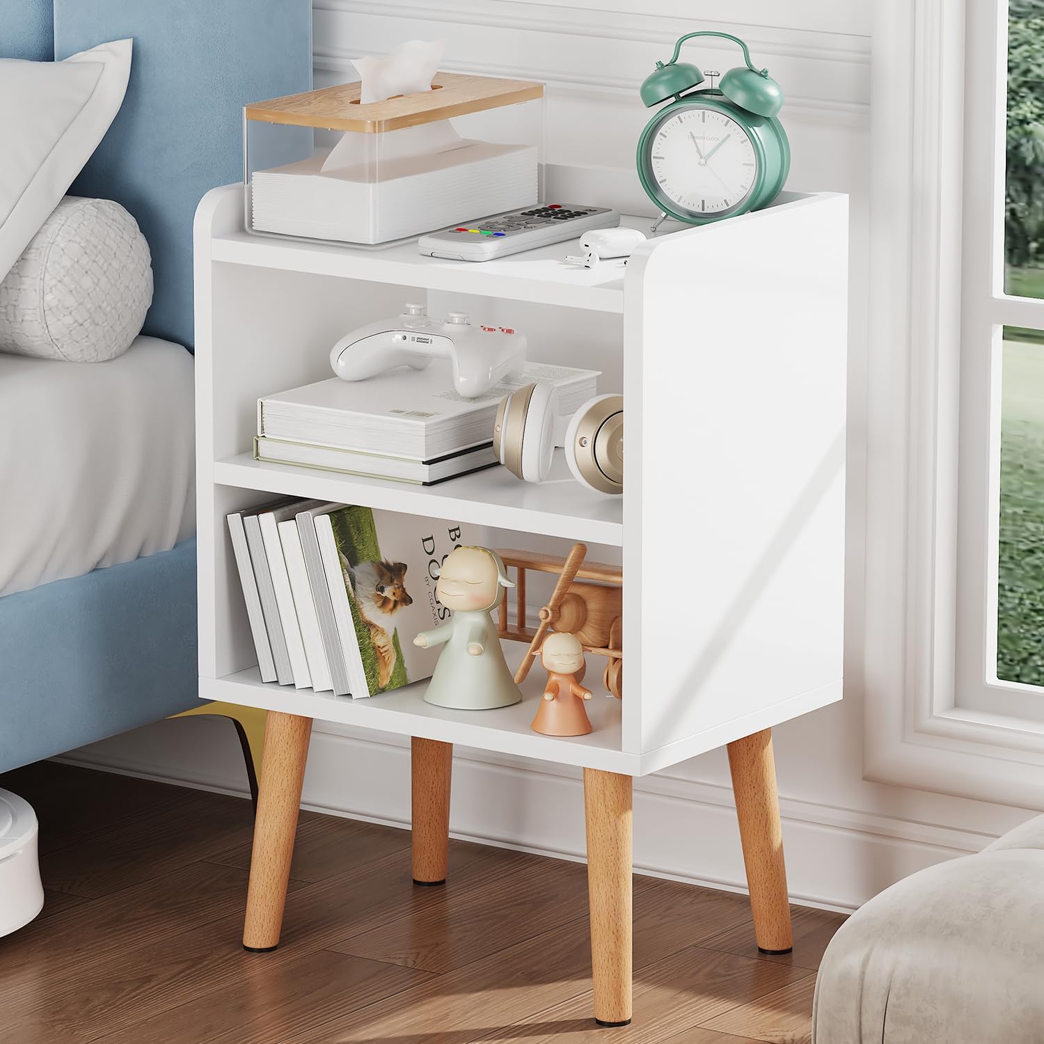 White Nightstand Small Bedside Table Kids Nightstand 3-tier Wood Side Table | Mid Century Modern Nightstand, Small Bedside Table for Bedroom, Kids Room & Small Spaces.