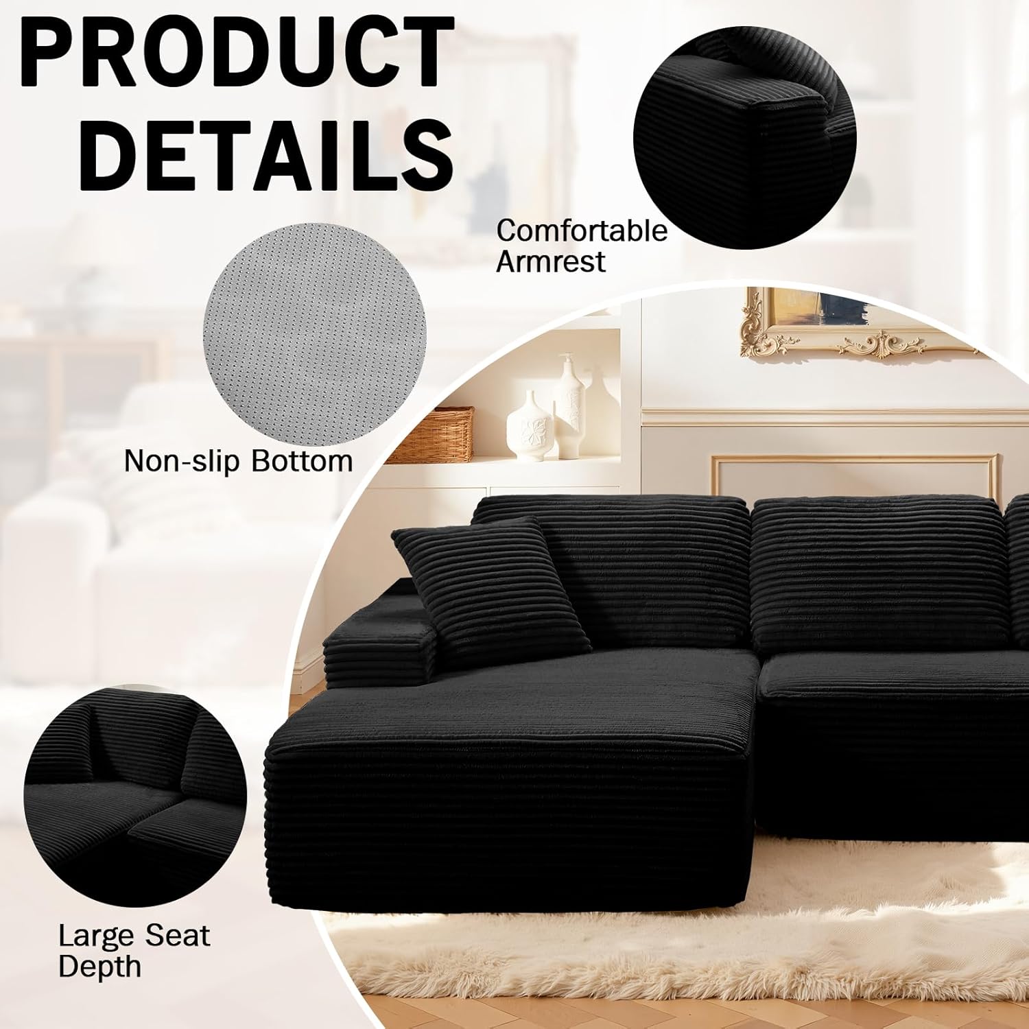 109.4” Modular Sectional Sofa, Convertible Sofa Bed, No Assembly Required Cloud Couch with Deep Seat, Modern L-Shaped Boneless Sofa for Living Room (Black)