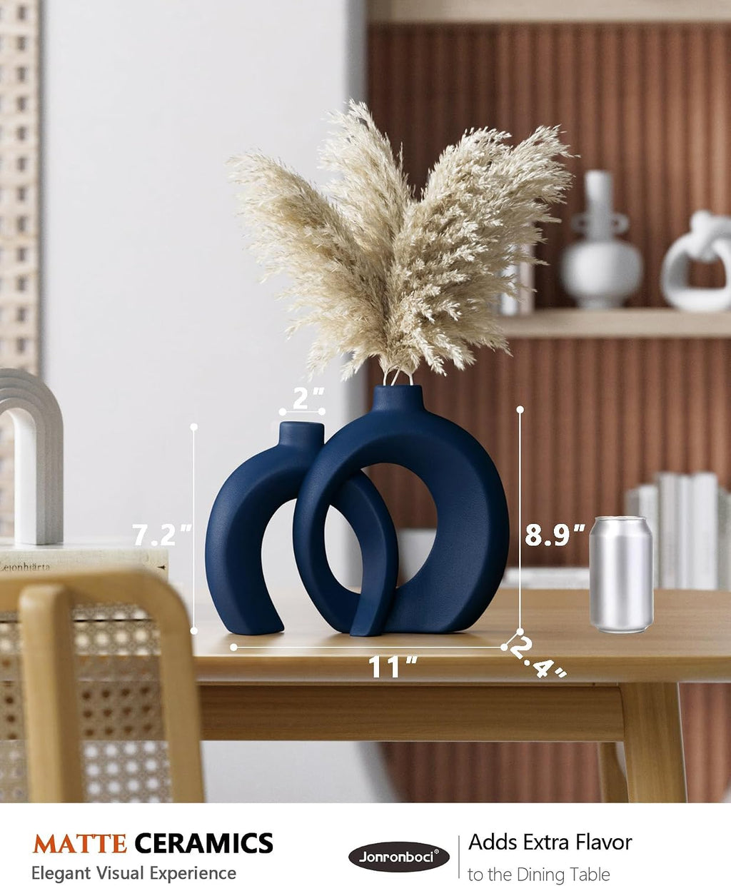 Blue Vase Set of 2 - Donut Navy Vases Home Decor, Modern Coastal Decor - Decorative Vase, Ceramic Decorations for Living Room Coffee Table Bookshelf Shelf Console Mantle (Matte Navy Blue)