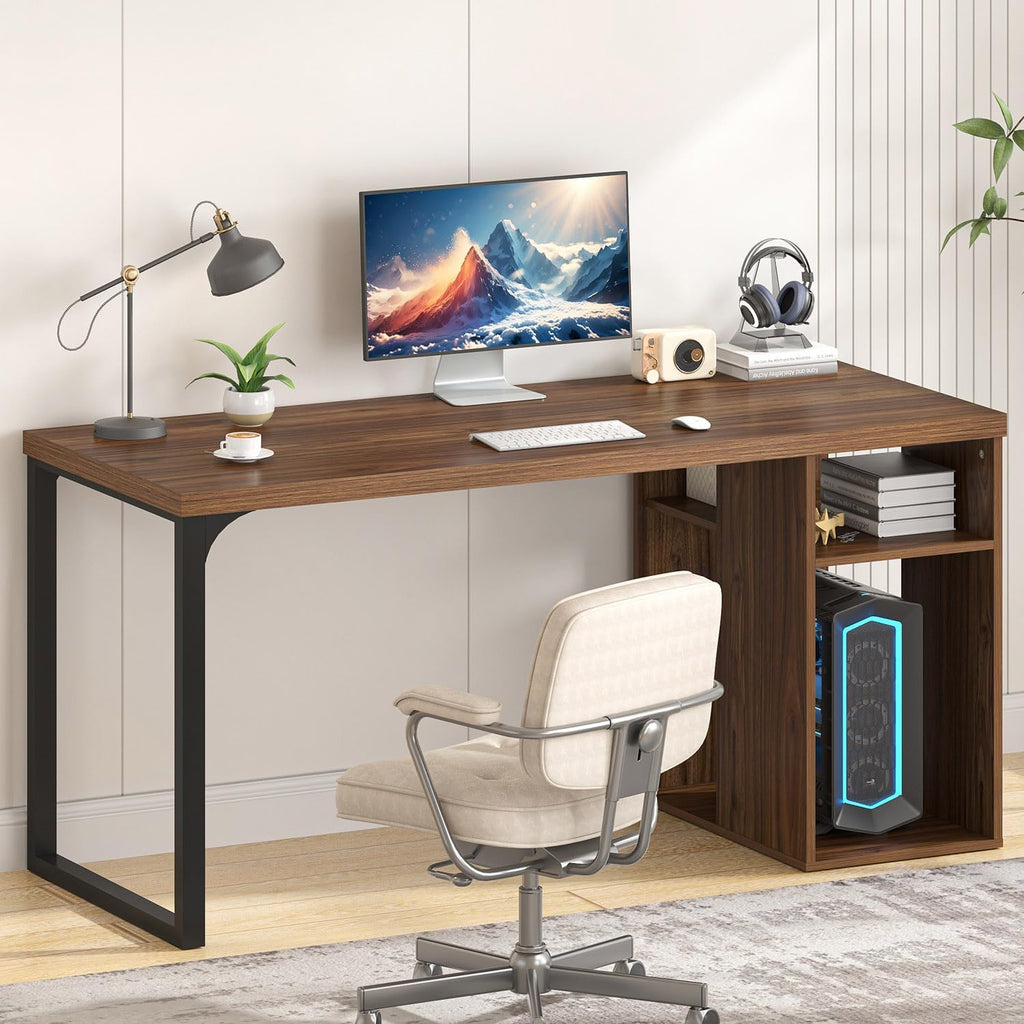 EXCEFUR Home Office Desk with Storage, Modern Computer Desk with Reversible Shelves, Gaming Study Writing Table Workstations for Living Room Bedroom, 53 Inch, Rustic Walnut