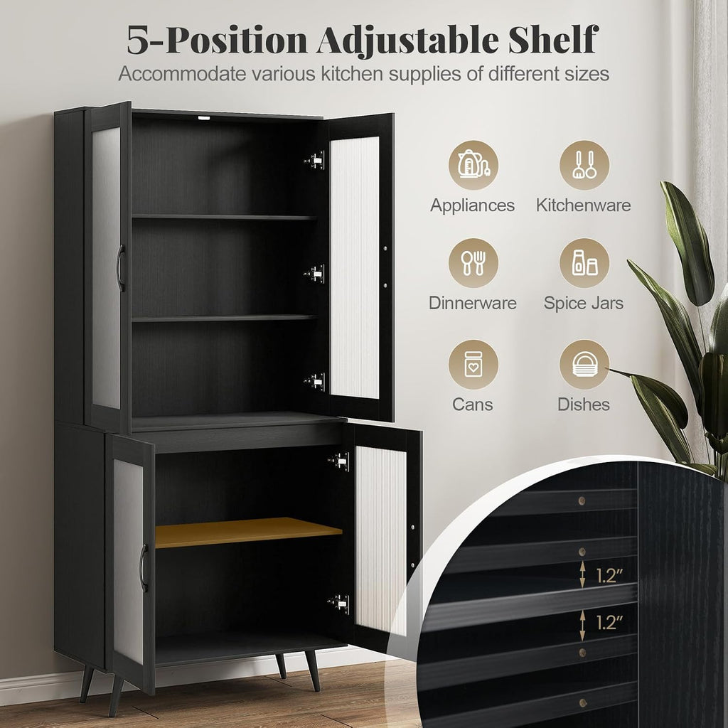 70.5”H Pantry Cabinet, 5-Tier Food Pantry with 4 Transparent Doors & Adjustable Shelves & Metal Legs, Tall Storage Cabinet for Kitchen, Living Room, Dining Room, Home Office, Bathroom (Black)