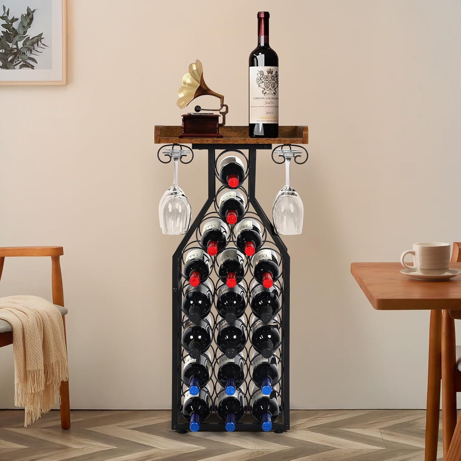 Wine Rack Floating Shelvesr Versatile Liquor Stand for Home Bar Mini Bar Table Wine Holder Stand Liquor Cabinet with Glass Holder Wood Tabletop 19 Bottles Floor Dining Room, Living Room
