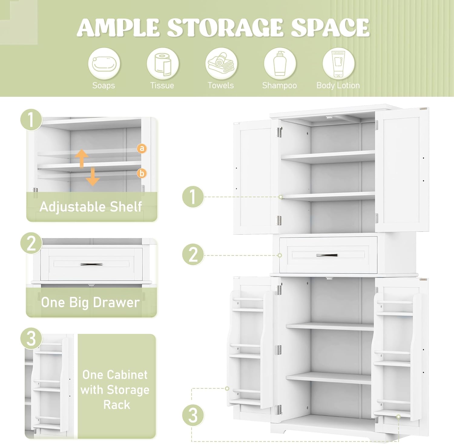72 Inch Storage Cabinet, Tall Kitchen Pantry Cabinet with Slide Rails Drawer and Adjustable Shelf, Linen Storage Cabinet with Doors and Functional Storage Rack, for Bathroom or Kitchen, White