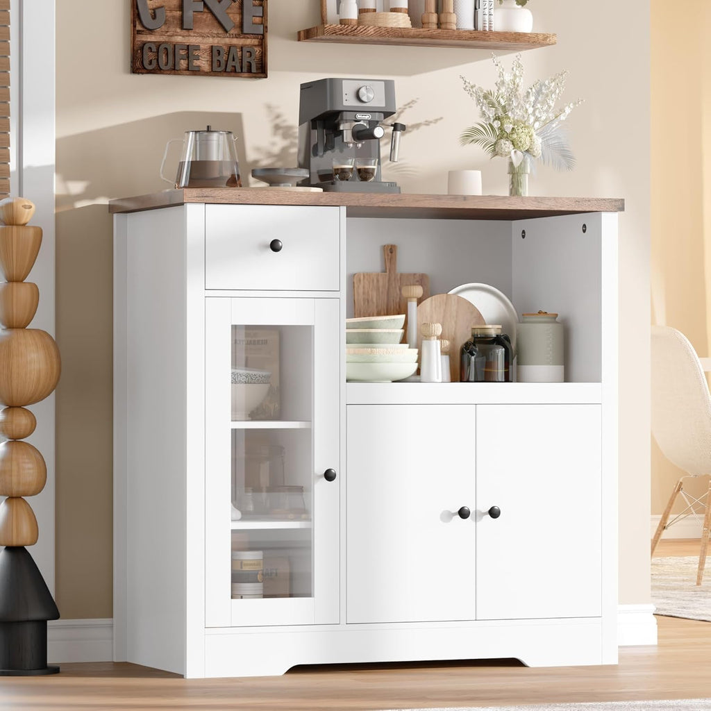 GarveeHome Kitchen Microwave Cabinet with Storage and Drawers, Modern Small Buffet Cabinet with Glass Doors and Adjustable Shelf, Wooden Sideboard with Wide Top for Dining Room, Living Room, White