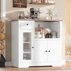GarveeHome Kitchen Microwave Cabinet with Storage and Drawers, Modern Small Buffet Cabinet with Glass Doors and Adjustable Shelf, Wooden Sideboard with Wide Top for Dining Room, Living Room, White