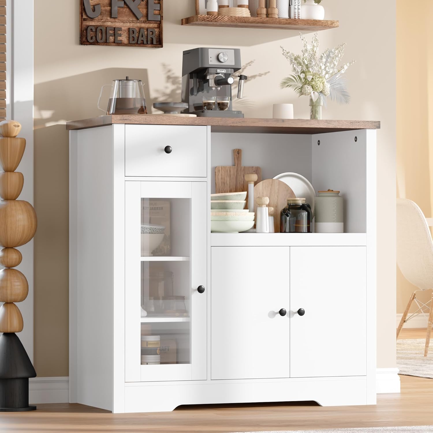 GarveeHome Kitchen Microwave Cabinet with Storage and Drawers, Modern Small Buffet Cabinet with Glass Doors and Adjustable Shelf, Wooden Sideboard with Wide Top for Dining Room, Living Room, White
