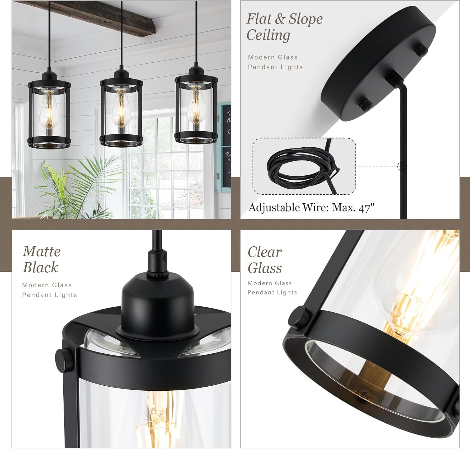 Black Pendant Lights Kitchen Island 3 Pack, Modern Kitchen Pendant Lighting Over Island with Clear Glass, Farmhouse Mini Hanging Light for Sink Dining Room, OS-3014-3PBKC