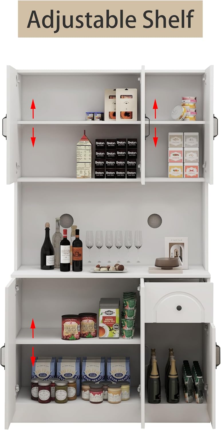 71" Tall Kitchen Pantry Storage Cabinet, Modern Kitchen Hutch Cabinet with Doors and Shelves, Freestanding Food Snacks Wine Buffet Counter for Dining Room, Living Room, White