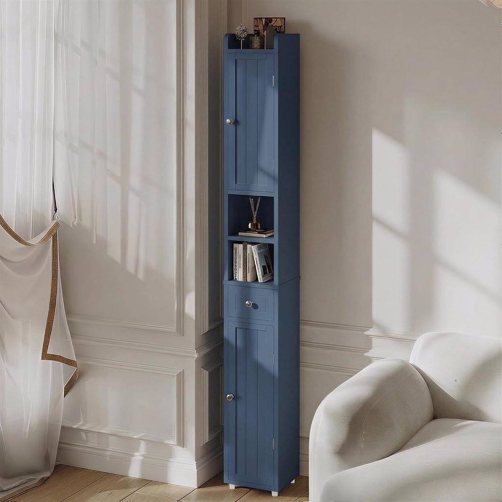 ChooChoo Narrow Bathroom Storage Cabinet with Adjustable Shelves, Tall Storage Cabinet with 2 Doors and 1 Drawer, Freestanding Cupboard for Small Spaces, Blue