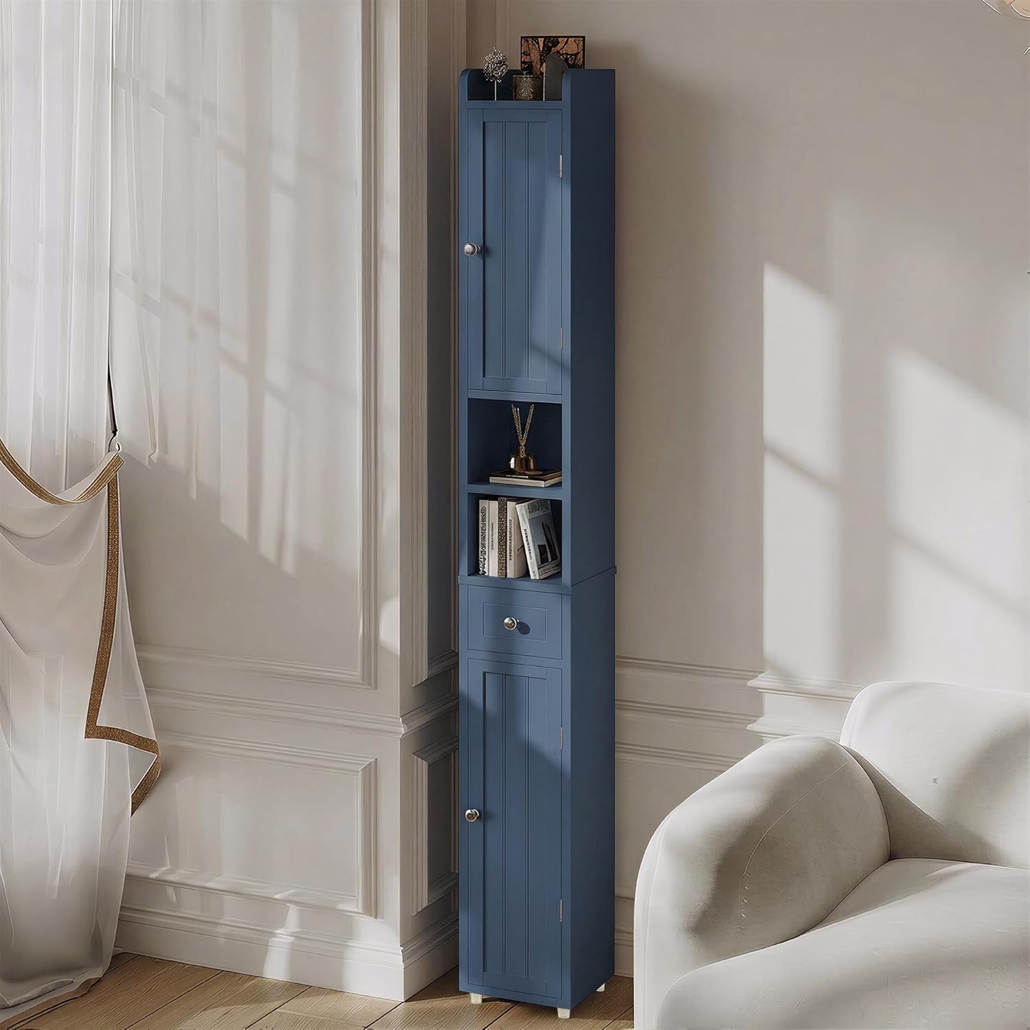 ChooChoo Narrow Bathroom Storage Cabinet with Adjustable Shelves, Tall Storage Cabinet with 2 Doors and 1 Drawer, Freestanding Cupboard for Small Spaces, Blue