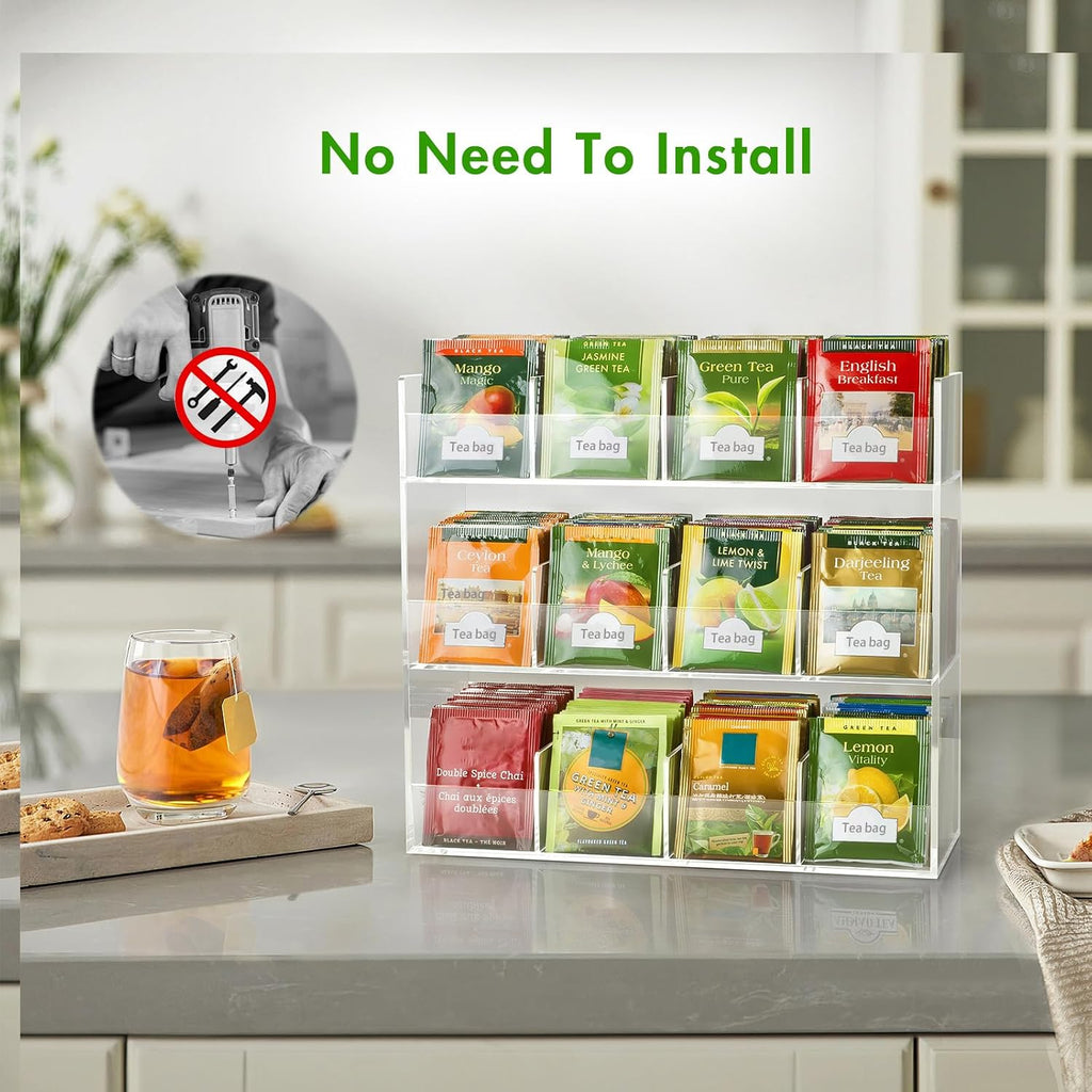 BEYGORM Acrylic Tea Bag Organizer for 216 Tea Packets | No Assembly Required Display Holder for Countertop, Vertical Tea Bag Caddy for Cabinet, Tea bar Accessories, Teabags Storage