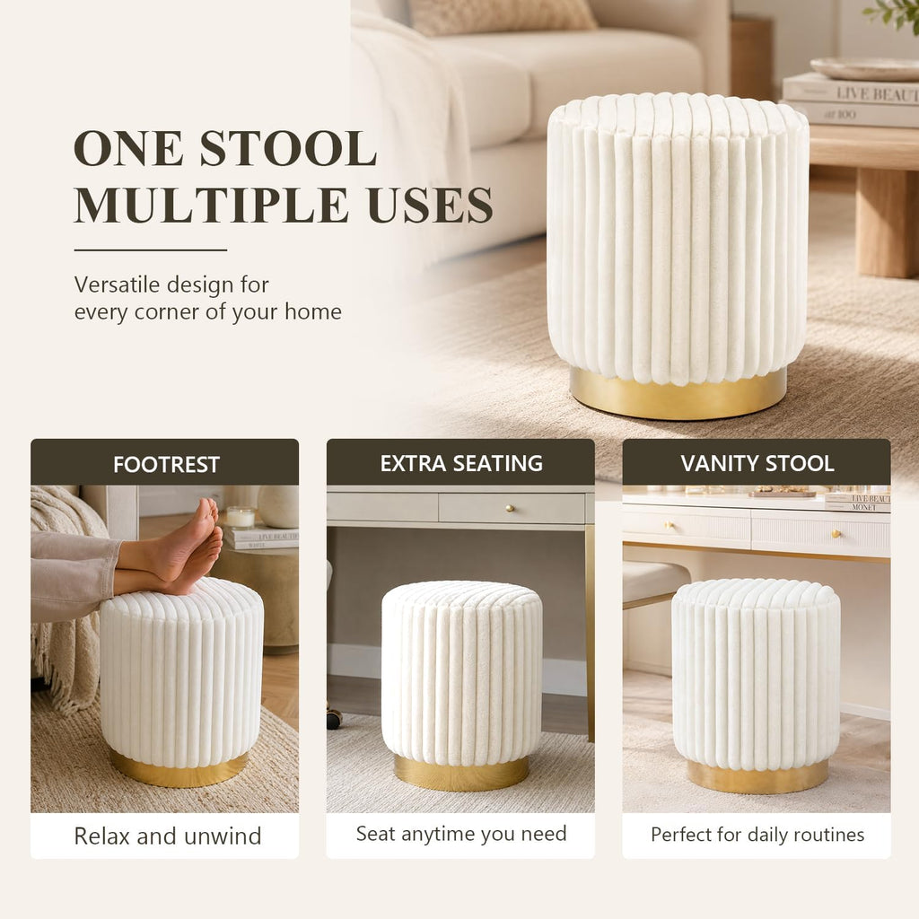 Round Ottoman Stool, Fur-Like Upholstered Small Ottoman Foot Rest with Gold Stainless Steel Plinth Base, Modern Vanity Stool for Living Room, Bedroom, Entryway, White